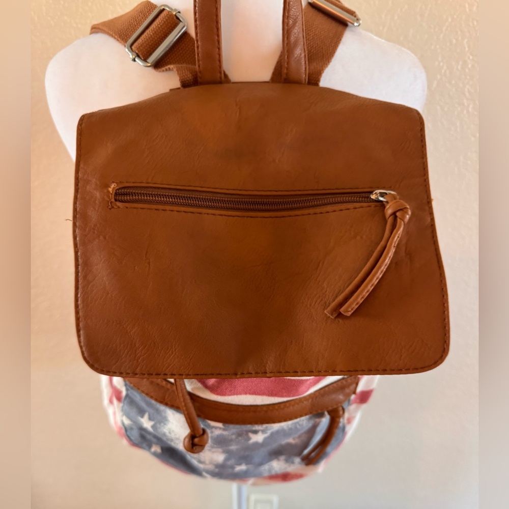 Rustic Distressed American Flag Canvas & Faux Leather Drawstring Backpack - Picture 4 of 13